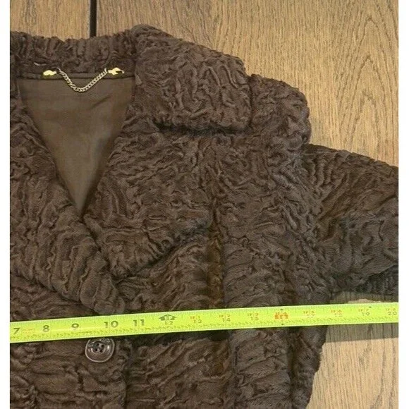 Swakara Karakul Persian Lamb Eco-Fur Coat Women’s S Brown Wood Buttons Buckle
